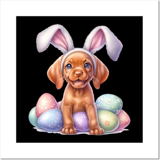 Puppy Vizsla Bunny Ears Easter Eggs Happy Easter Day Posters and Art